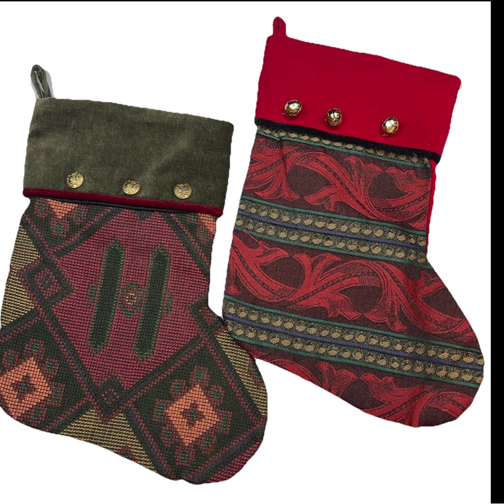 Luxury Tapestry Christmas TWO Stockings SET Kilim Turkish Wool Red VELVET Green